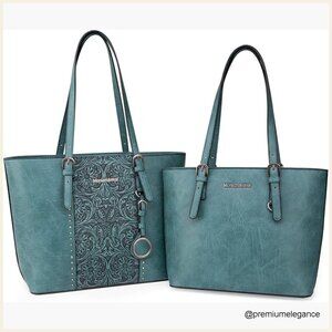 Large Vegan Leather Tote Set with Adjustable Straps, Fits Laptop